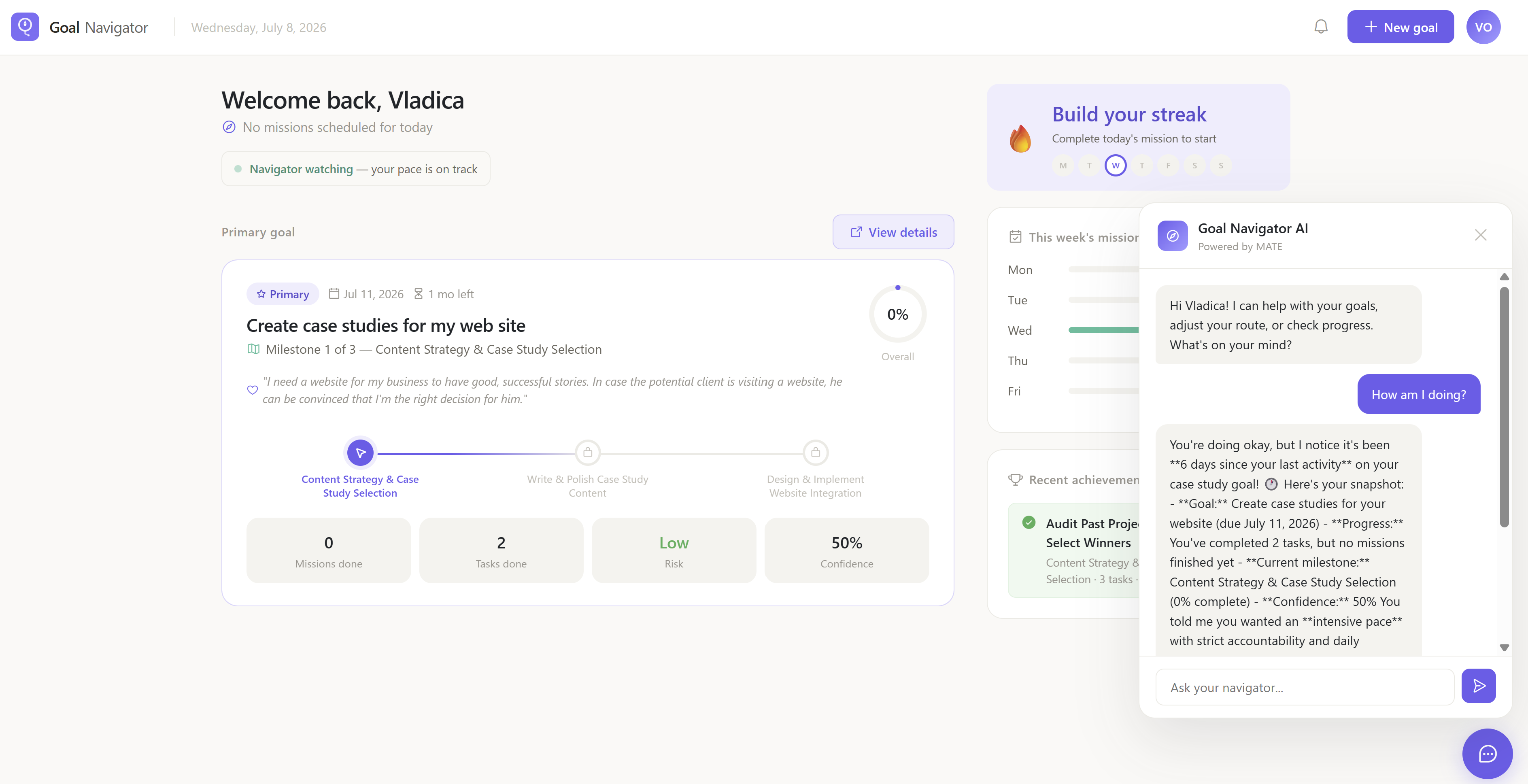 Dashboard with today's mission and the MATE-powered coach chat